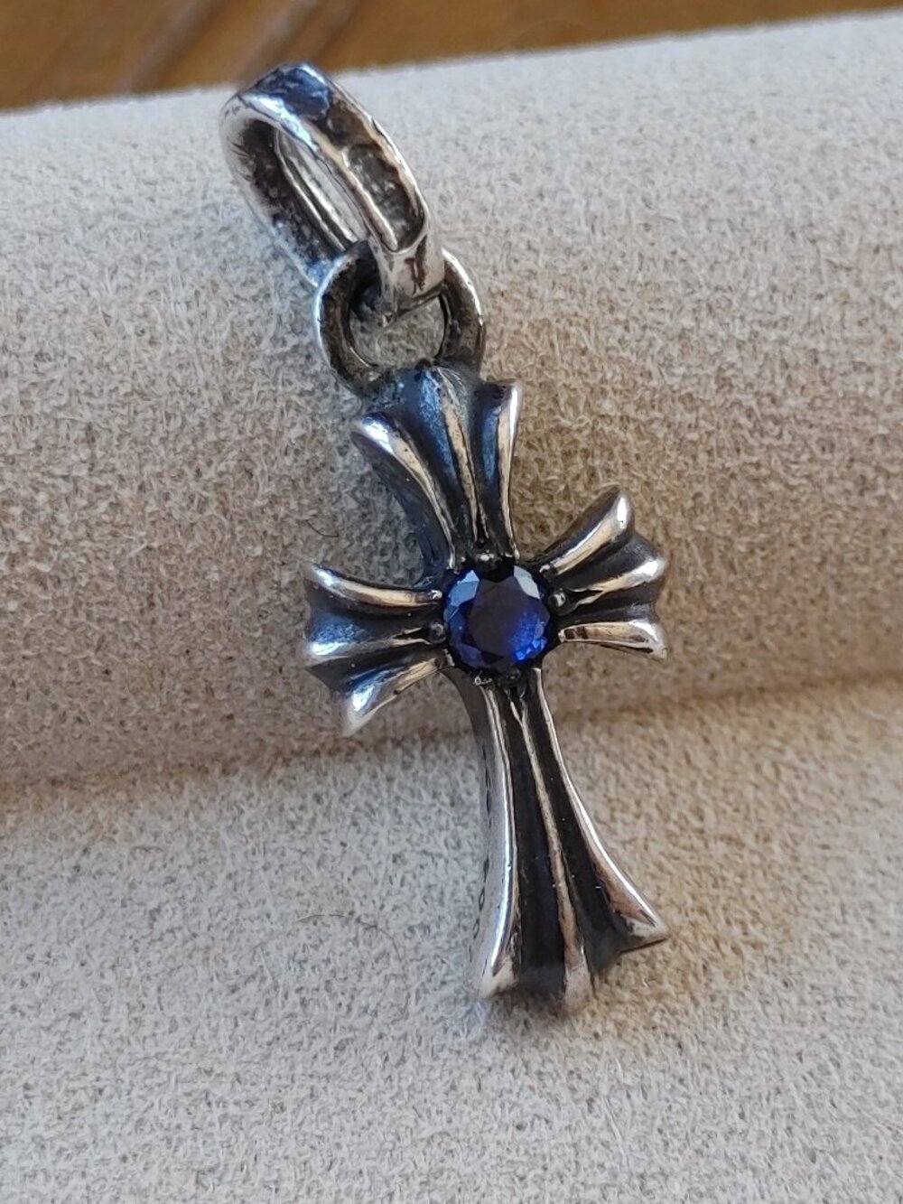 Chrome Hearts Blue Sapphire Baby Fat Cross Pendant Charm 925 Sterling Silver